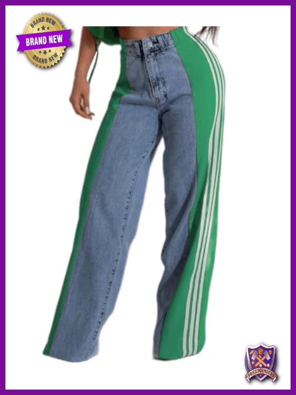 Women's High Rise Straight Leg Stretch Jeans Patchwork Striped Casual
